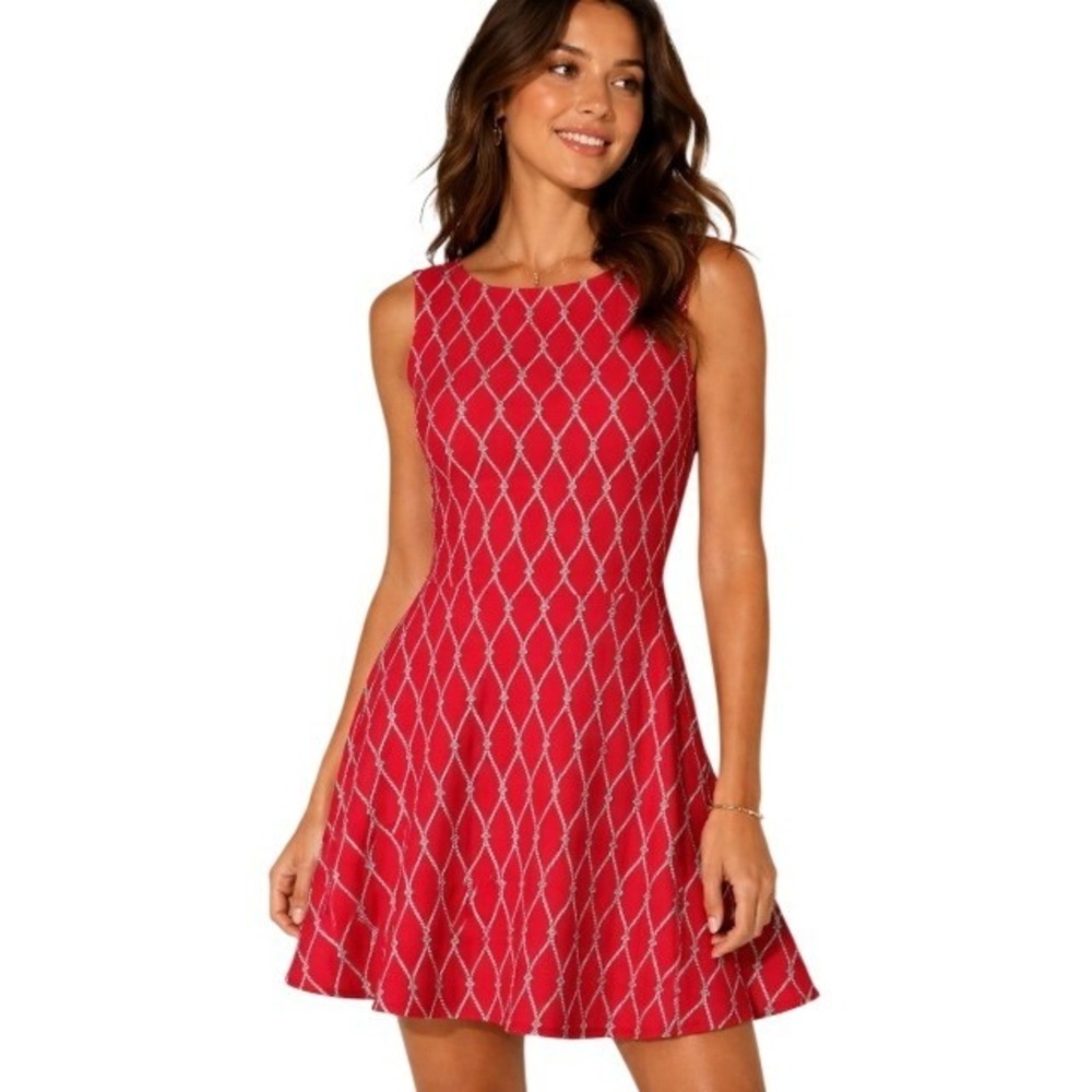 Talbots Red Fit Flare Dress Size 10 Rope Lattice Print Sleeveless Knee Length